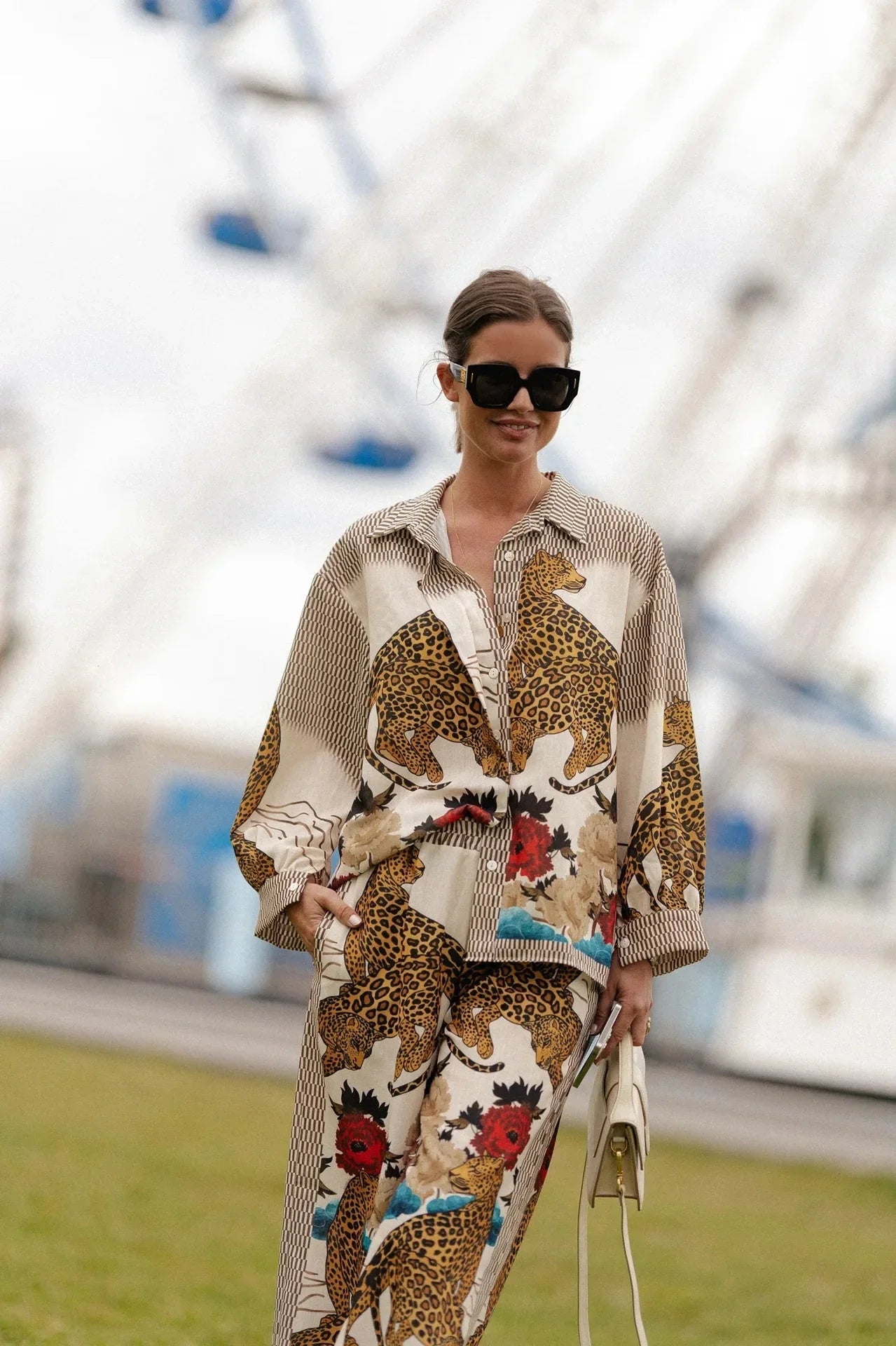 Autumn Women Leopard Print Suit Vintage Single Breasted Wide Leg Pants Set Casual Loose Outfit