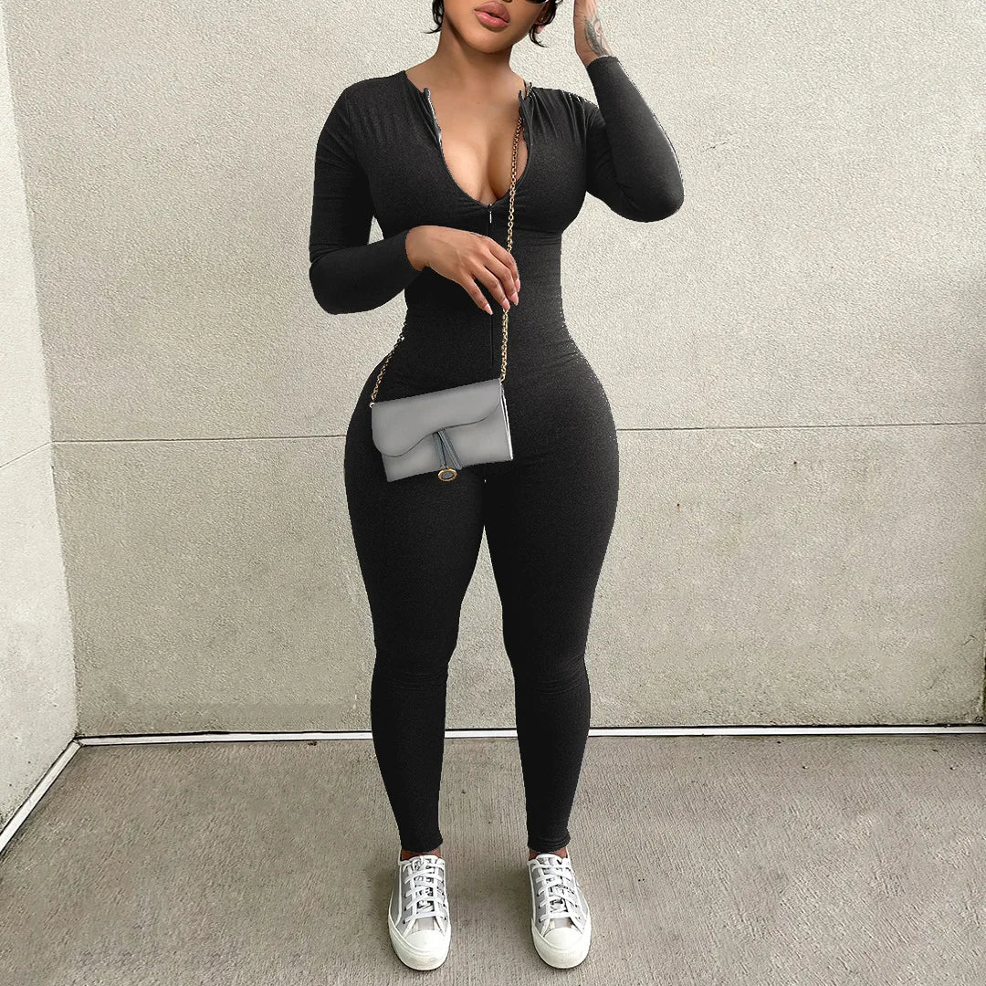 Solid Black Gray Long Sleeve Skiing Jumpsuit for Women Slim Fit Elastic High Waist Fitness Sportwear Romper Streetwear Outfit