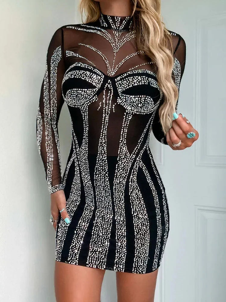 Rhinestone Birthday Dress With Sheer Mesh Long Sleeve