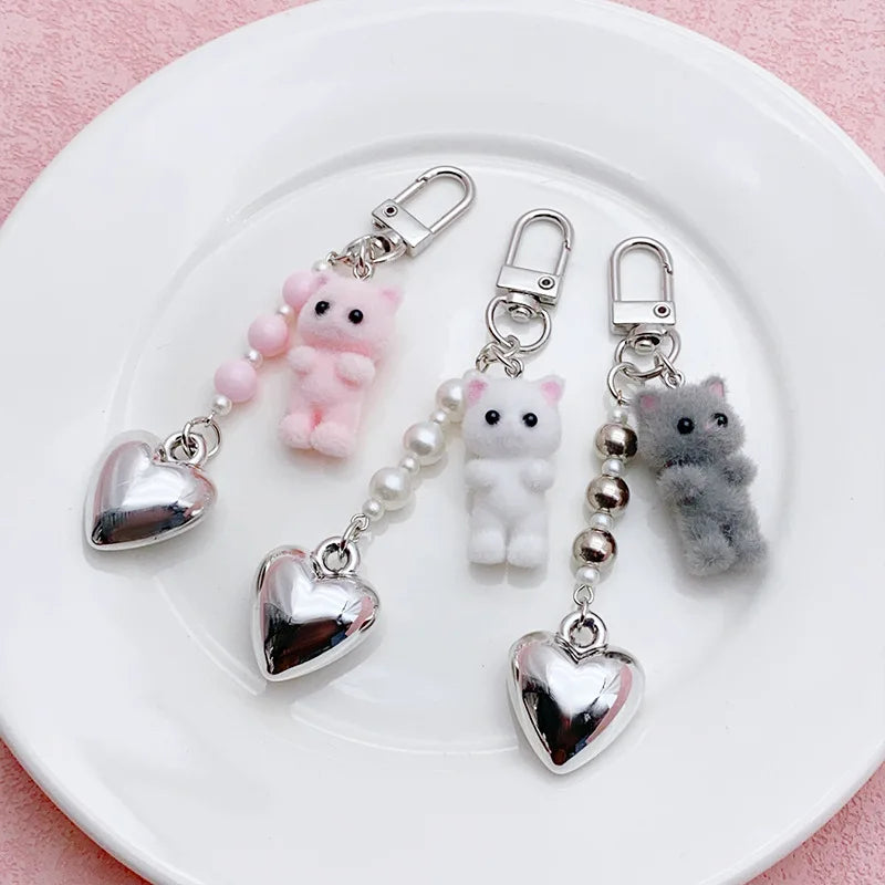 Cute Flocking Cat Keychain 3D Love Pendant Headphone Charm Bag Decor Jewelry Gift