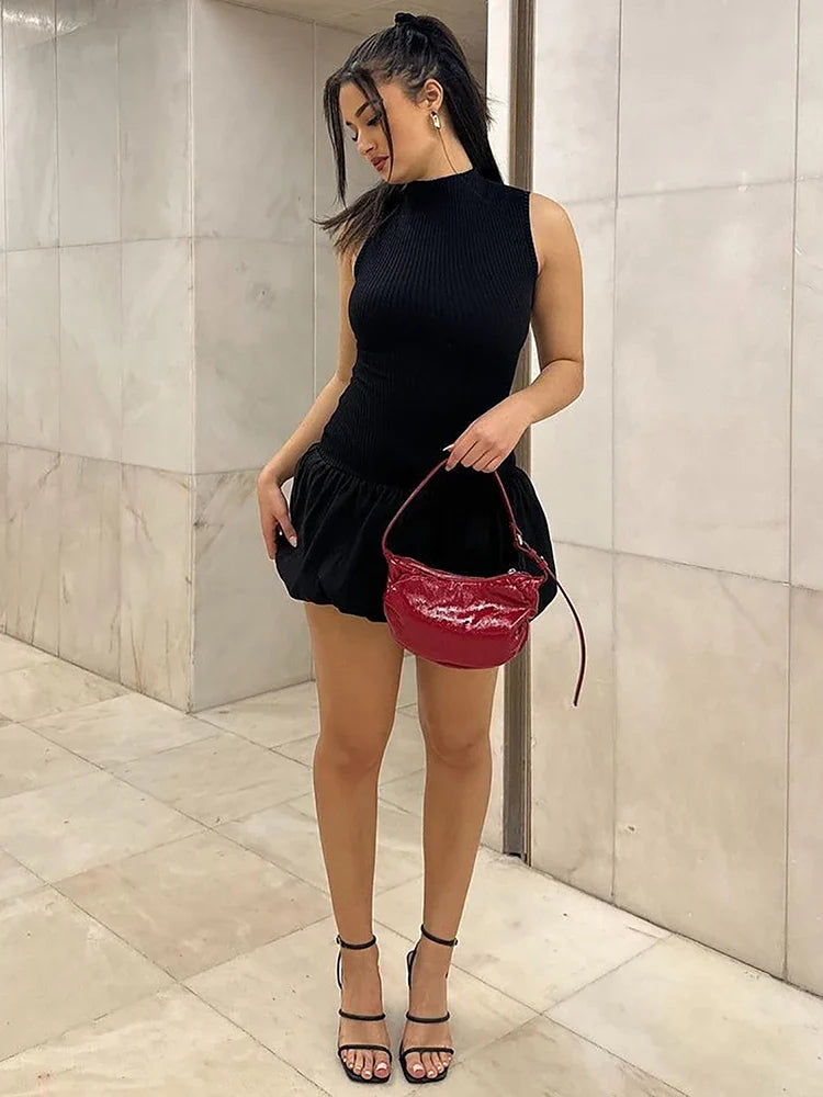 Ribbed Sleeveless Patchwork Bubble Backless Minidress