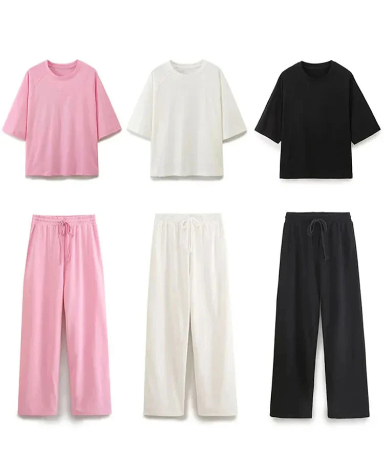 Women's Solid Casual Trouser Set with Short Sleeve T-Shirt and Elastic Waist Wide Leg Pants