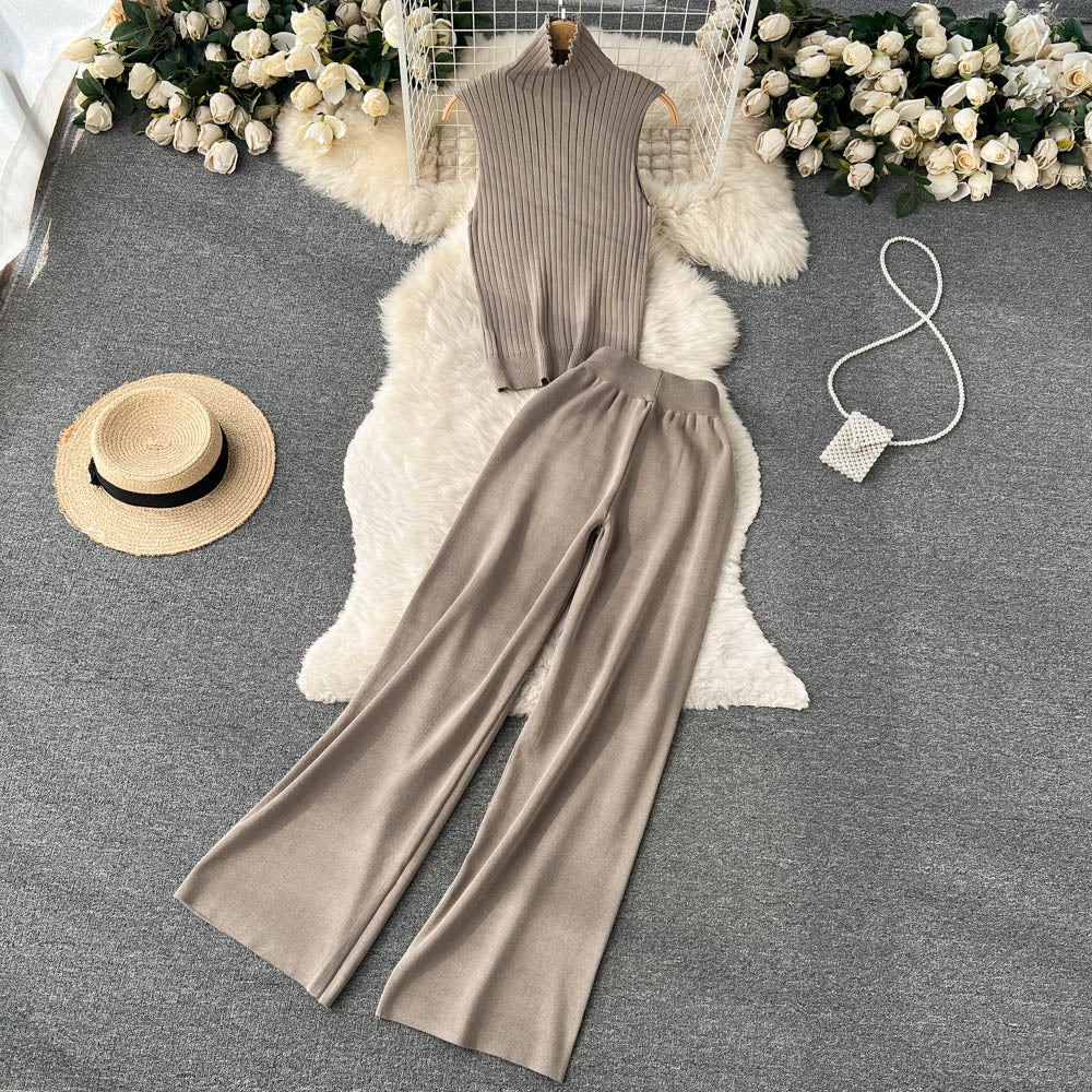 3 Piece Knitted Tracksuit Set for Women Comfy Loungewear with Long Cardigan Coat Turtleneck Vest and Pants