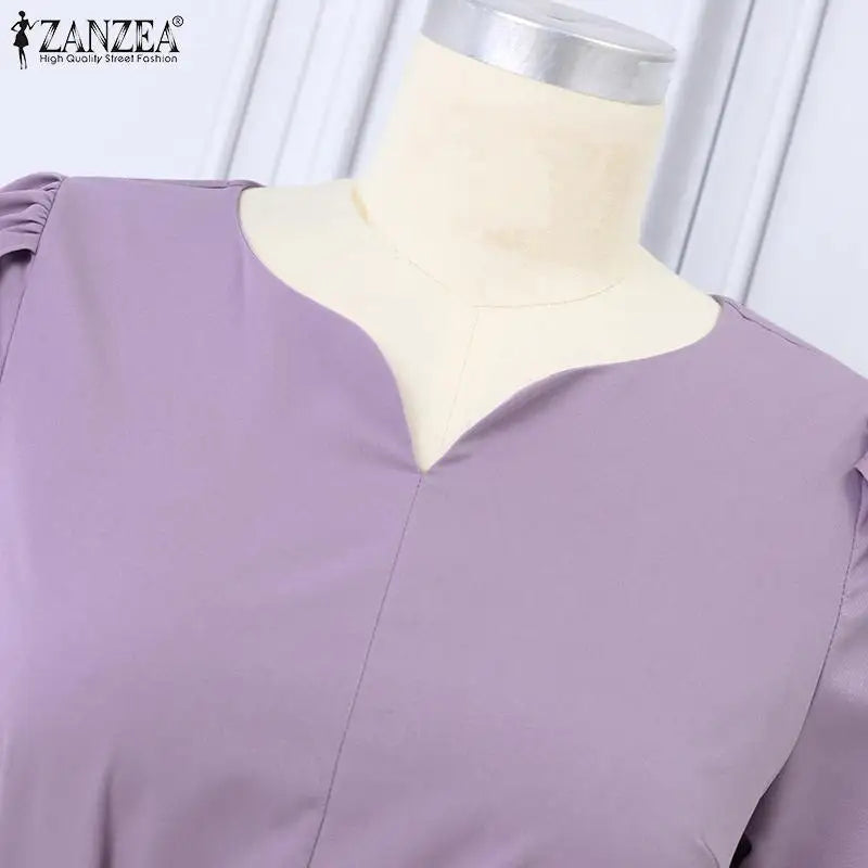 Solid Color Midi Dress With V Neck For Office Women