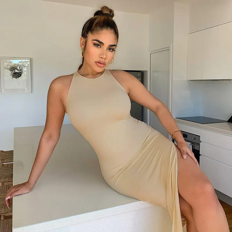 Y2K Backless Party Dress Women Wrap Bodycon Slit Evening