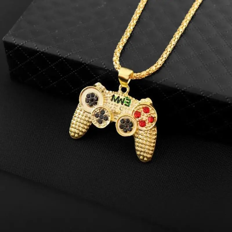 Trendy Gamepad Lightning Stainless Steel Necklace for Women and Men in Gold Color with Crystal Embellishments