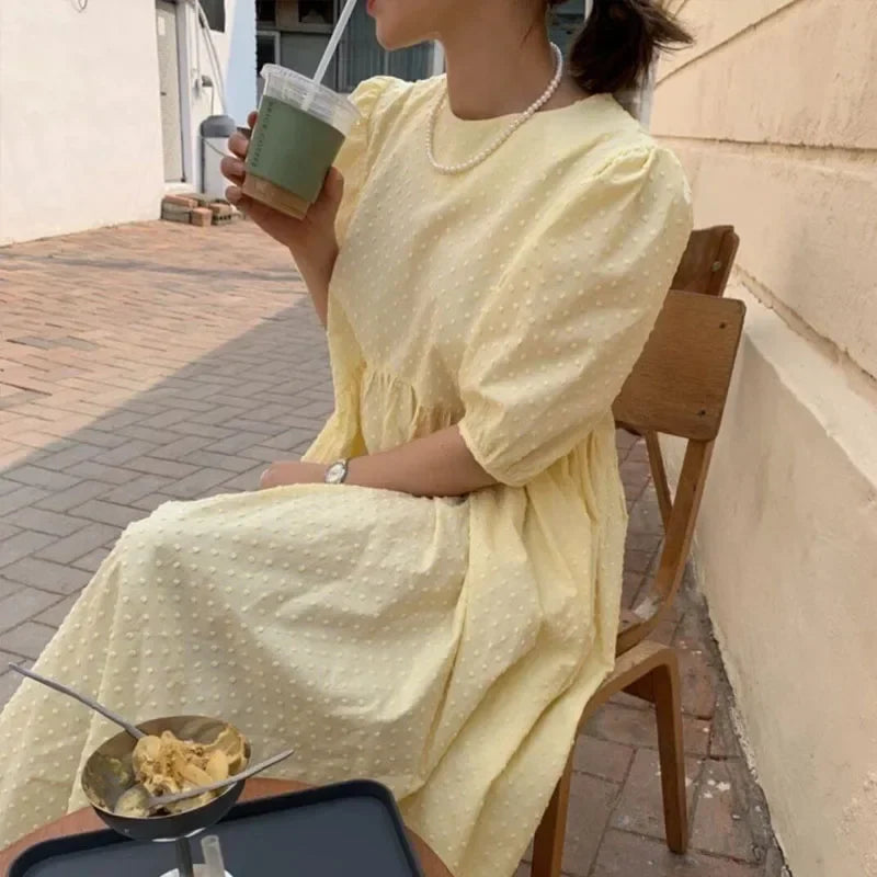 Women Polka Dot Puff Sleeve Long Dress Casual Party