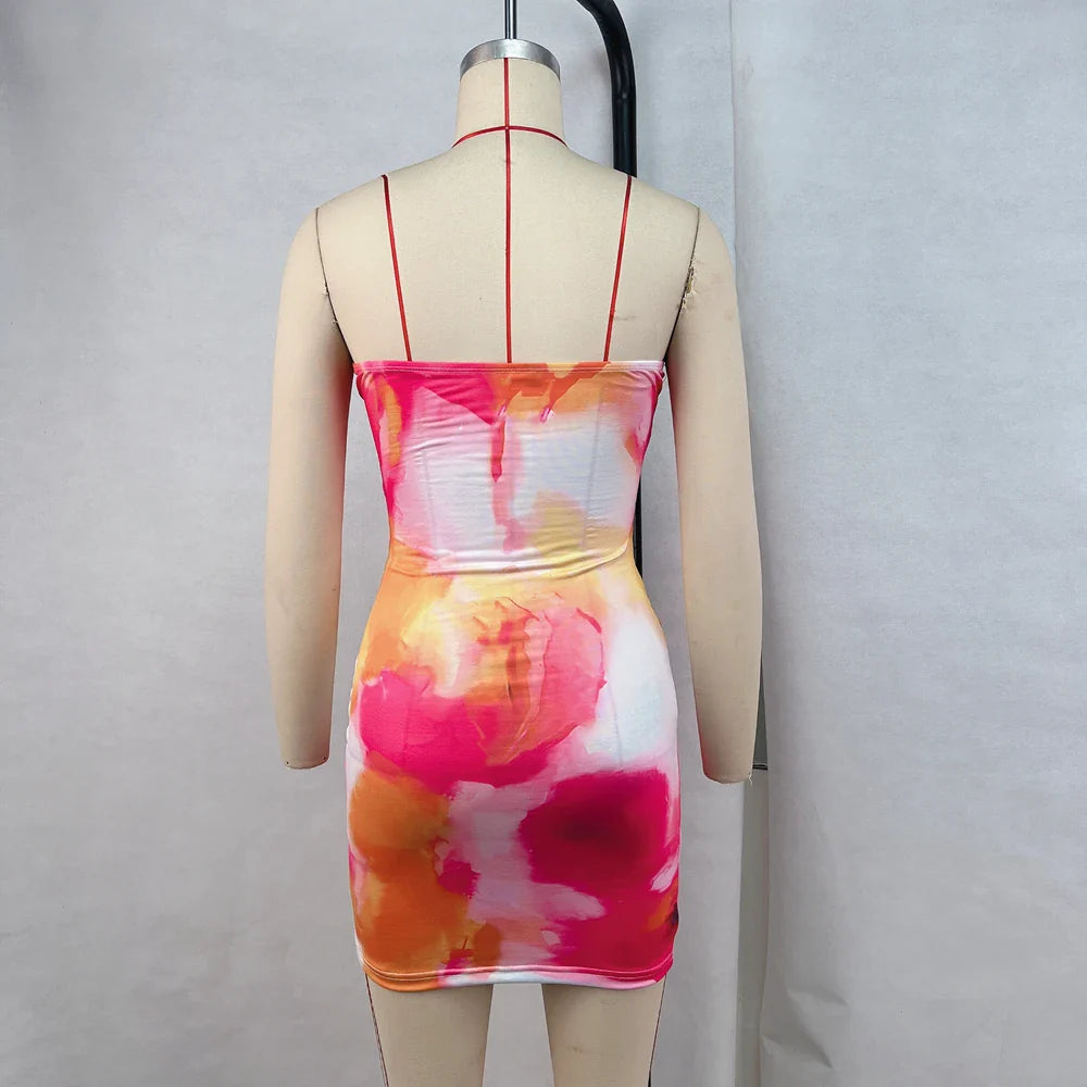 One Shoulder Strapless Printed Dress With Cinched Waist