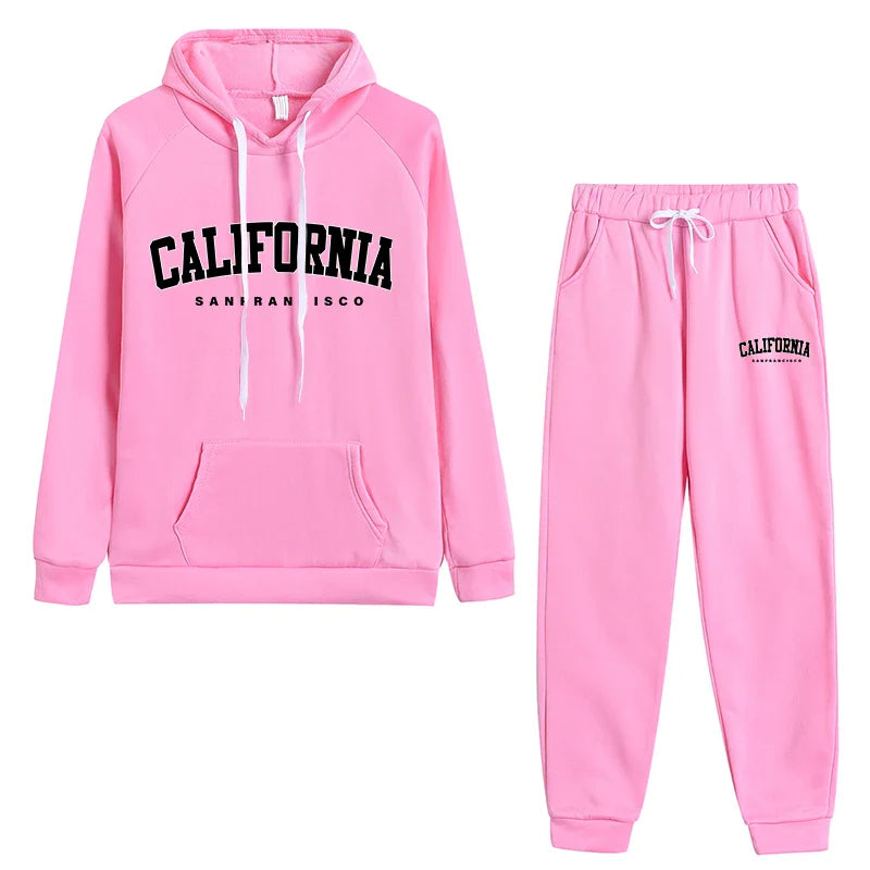 Womens California Letter Printing Hooded Tracksuit Set High Quality Casual Jogging Sweatshirt and Pants