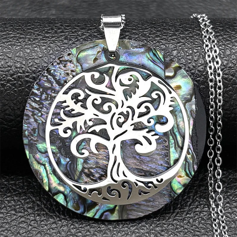 Tree of Life Abalone Shell Necklace Gold Color Stainless Steel Boho Jewelry for Weddings and Special Occasions