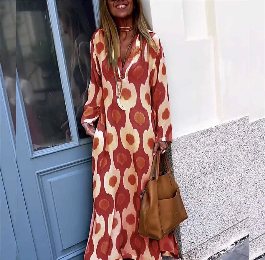 Autumn Winter Long V Neck Printed Dress With Unique Print
