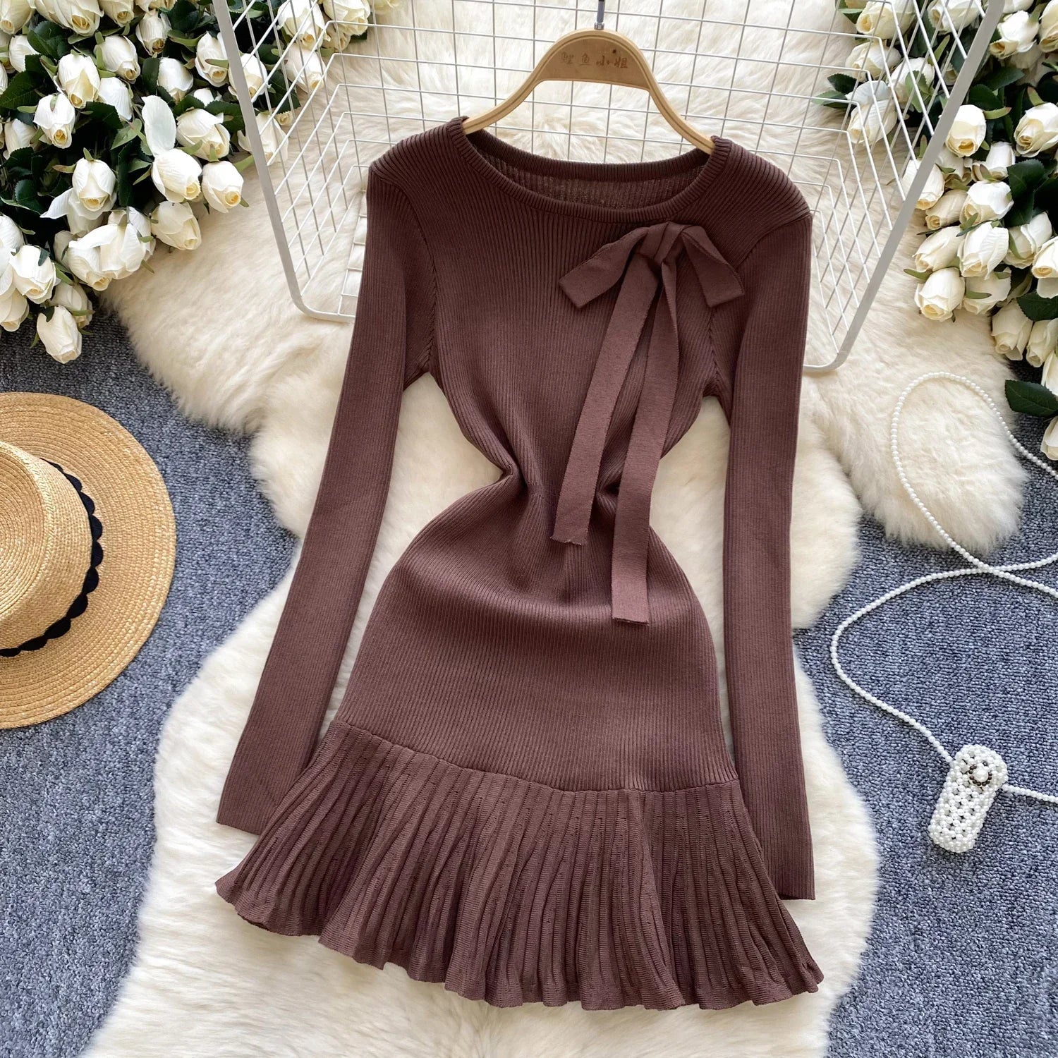 Knitted Short Dress With O Neck Bow Bodycon Chic Style