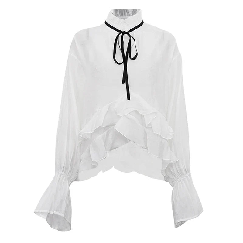 Sexy Loose White Women's Shirt With Ruffles Long Sleeve Sheer Elegant Blouse Stylish Transparent Top