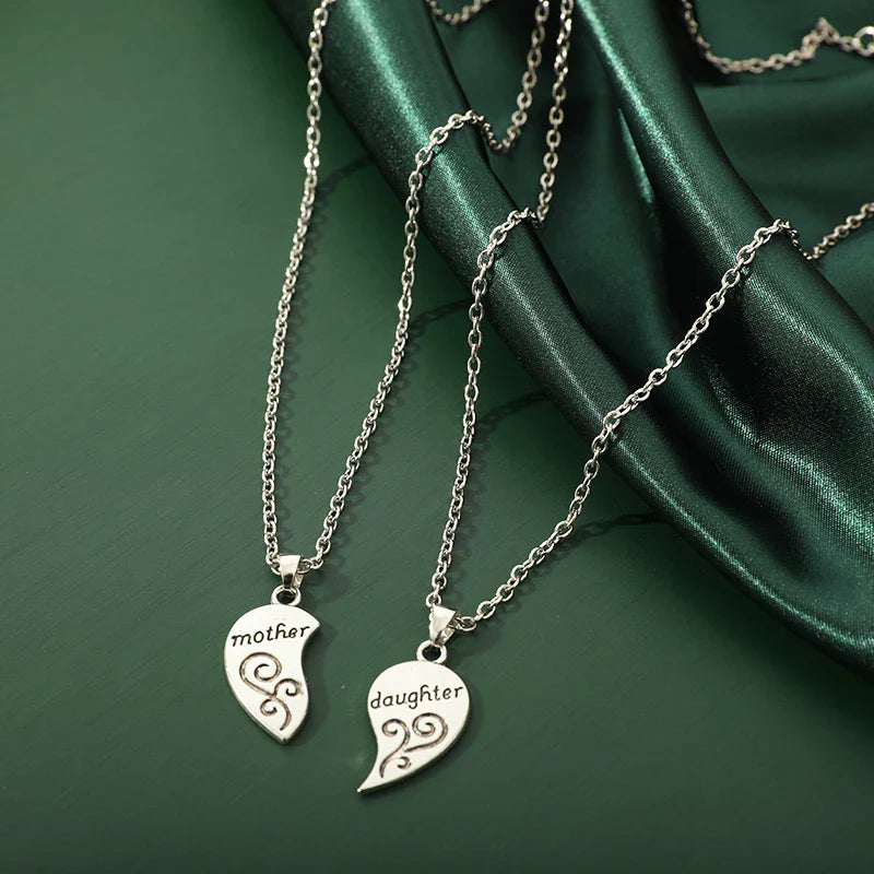 2pcs Antique Silver Plated Parent Child Necklace Set for Mother Daughter Love Jewelry