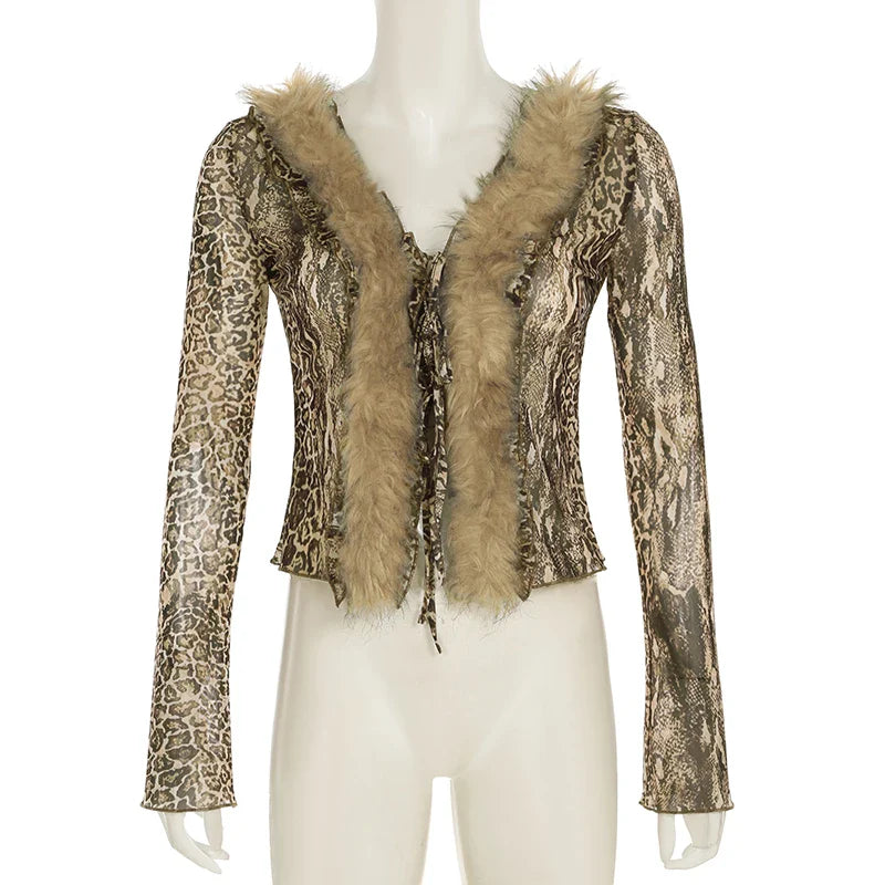 Casual Leopard Fur Trim Sheer Mesh V-Neck Long Sleeve Slim Bandage Blouse for Women