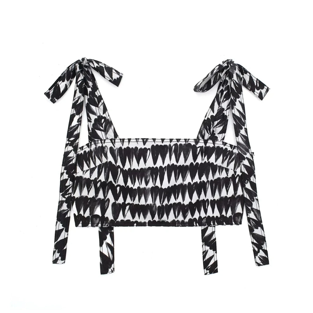 Women's Fashion Print Set Sexy Backless Sleeveless Slim Lace-Up Corset Crop Top with Elegant A-Line Pleated Midi Skirt