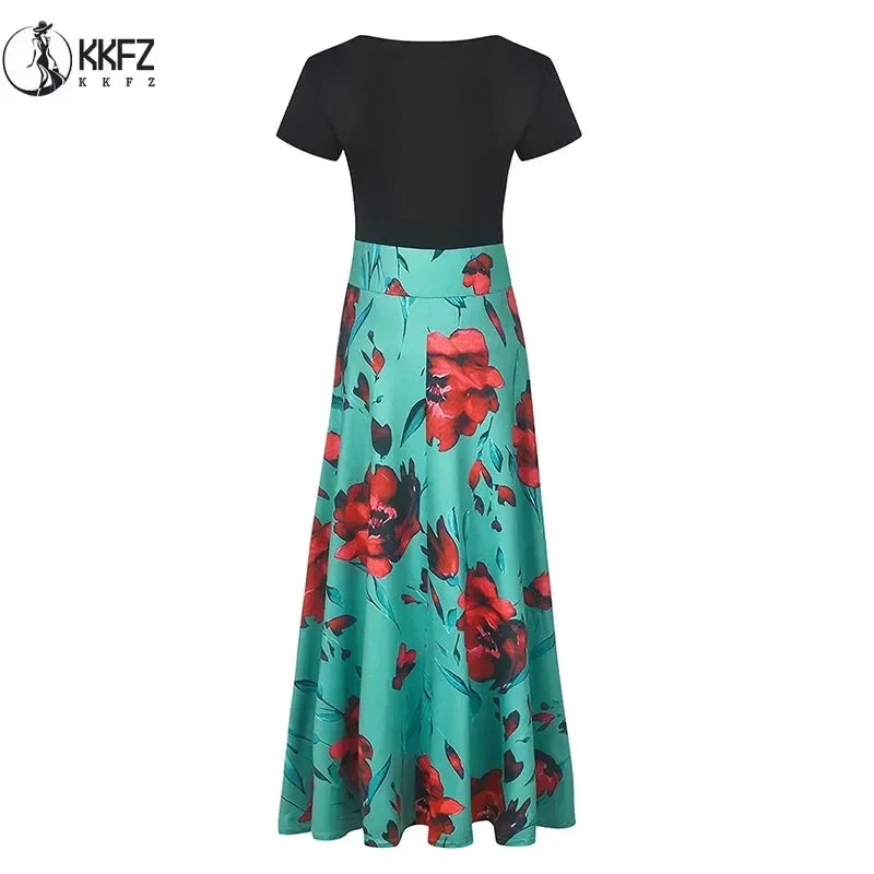 Printed Pleated Maxi Dress With Crew Neck Short Sleeves