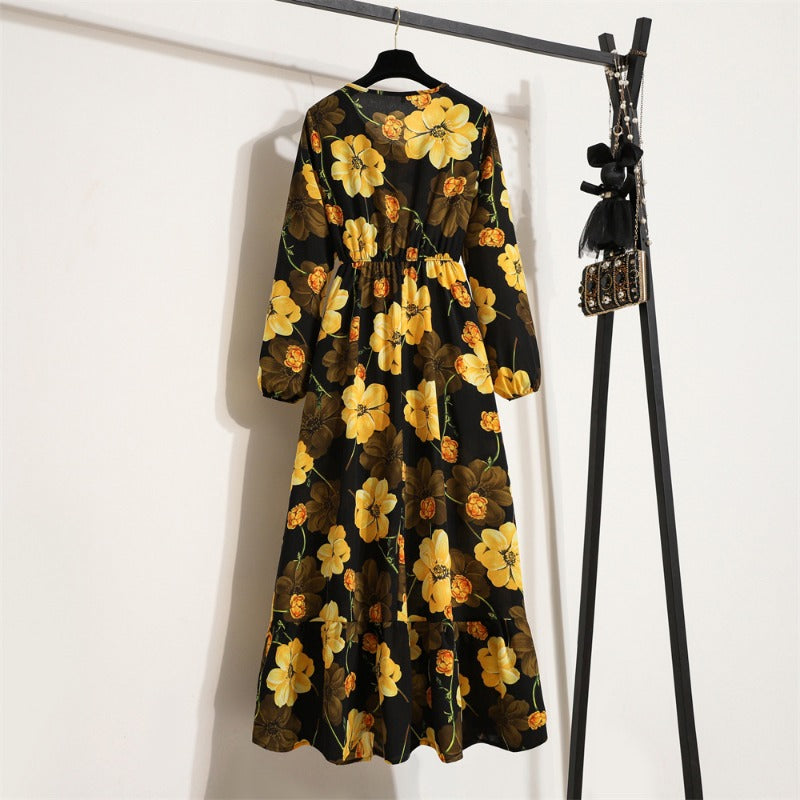 Bohemian Floral Maxi Dress High Waist Chiffon Long Sleeves