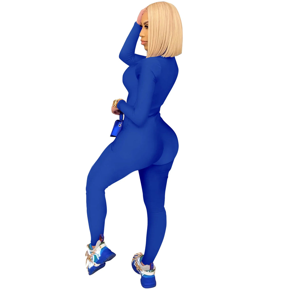 Women's Bodycon One-Piece Jumpsuit with Long Sleeves and Large Front Zipper Casual Sporty Skinny Workout Overalls Top