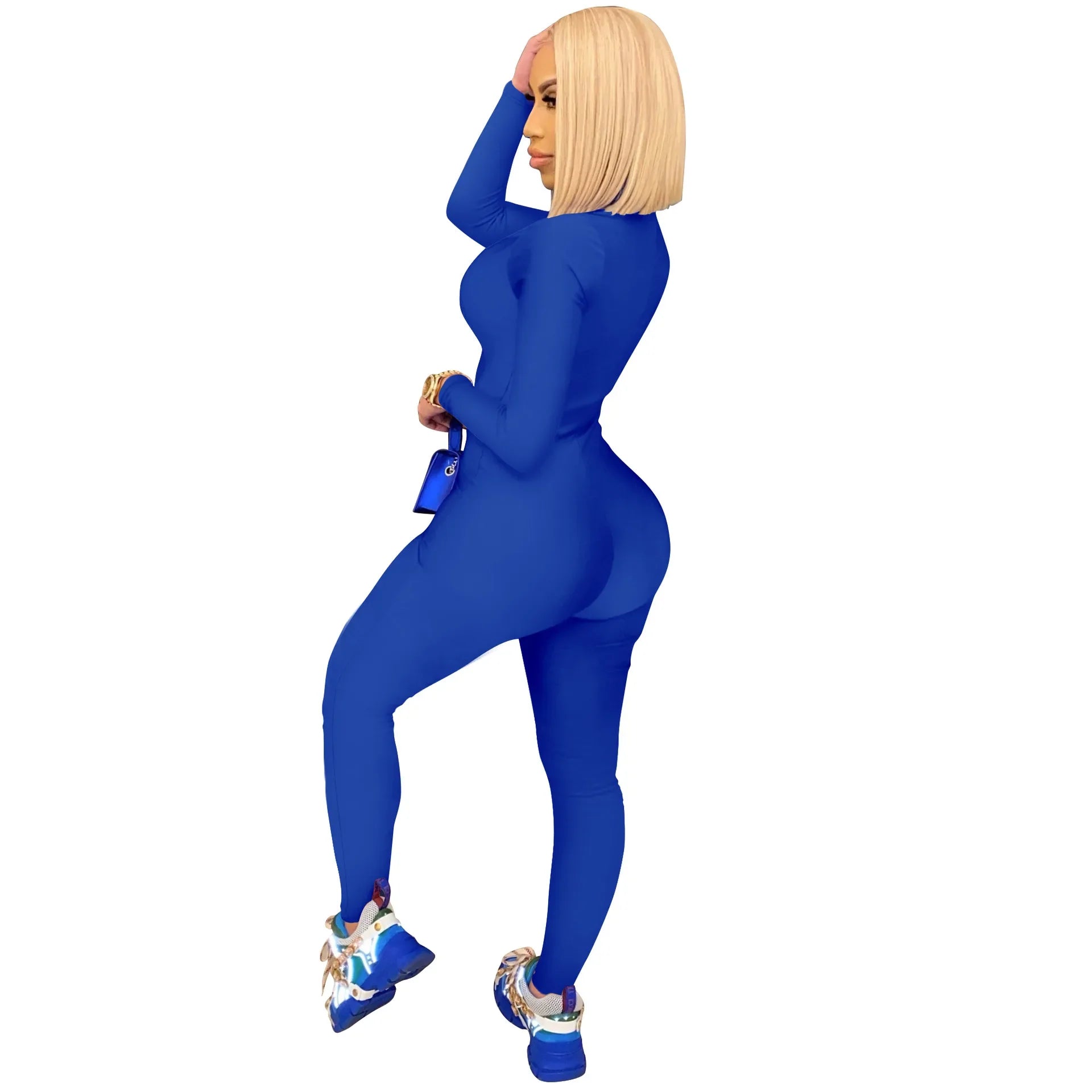 Women's Bodycon One-Piece Jumpsuit with Long Sleeves and Large Front Zipper Casual Sporty Skinny Workout Overalls Top