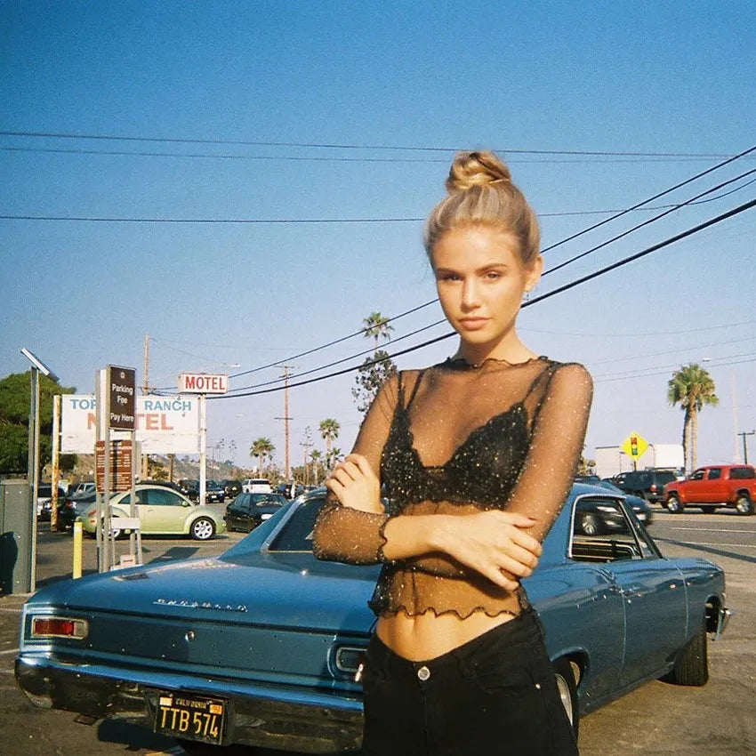 Sexy Mesh Long Sleeve T Shirt for Women Black Transparent Club Top