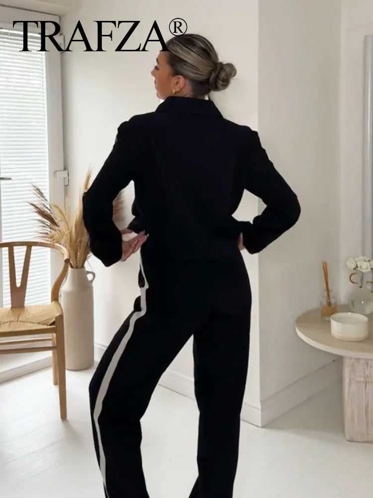 Women's Fashion Side Stripe Coat Pant Set with Long Sleeve Zipper Jacket and Elastic Waist Wide Leg Pants