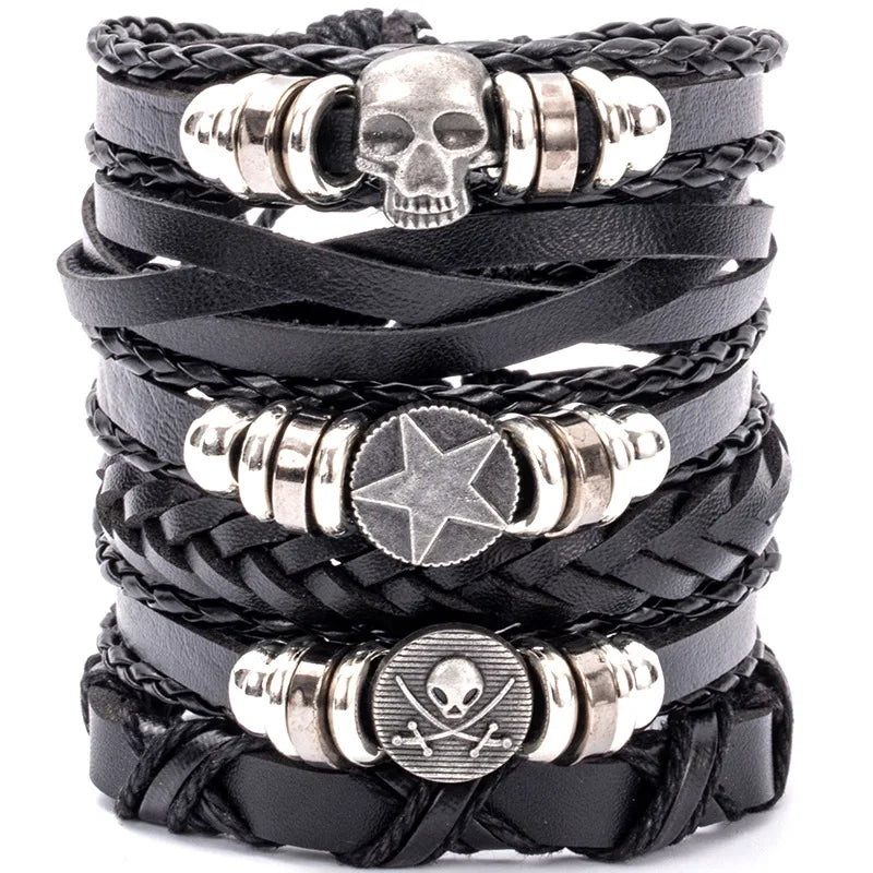 Punk Style Evil Eye Skull Bracelet Set with Adjustable PU Leather and Beads - 4/5/6 Pieces
