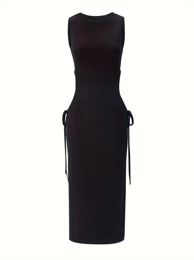 Sleeveless Round Neck Drawstring Waist Slit Dress for Women
