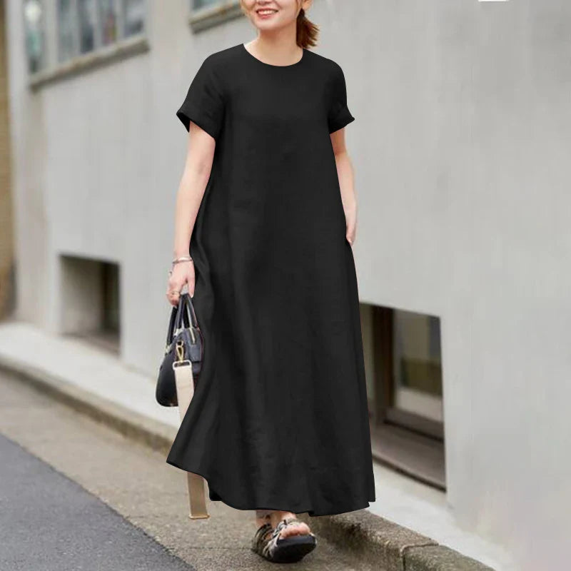 Summer Maxi Dress Women O Neck Short Sleeve Sundress A Line