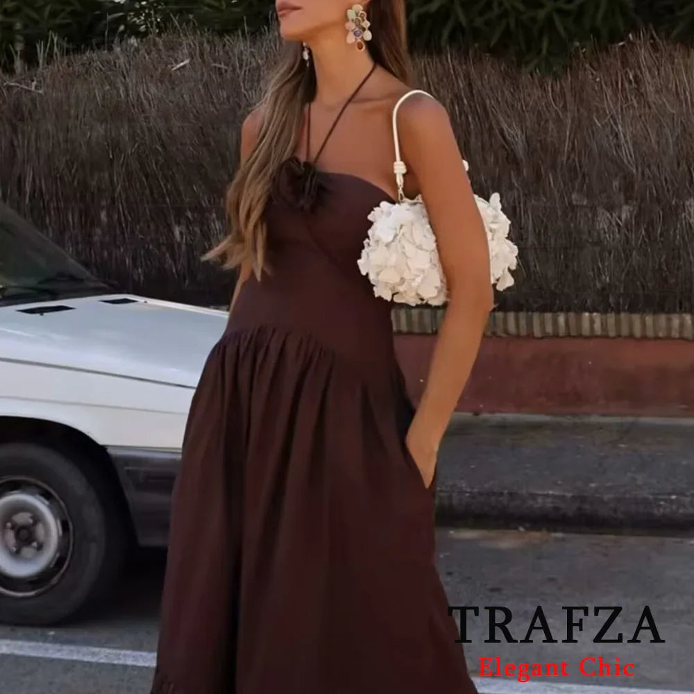 Brown Backless Halter Dress With Floral Embellishment