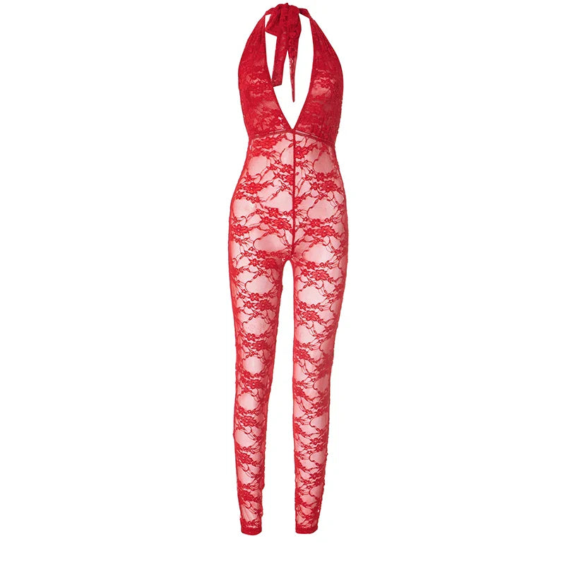 Sexy Lace Deep V Neck Backless Strapless Sleeveless Pencil One-Piece Jumpsuit for Women