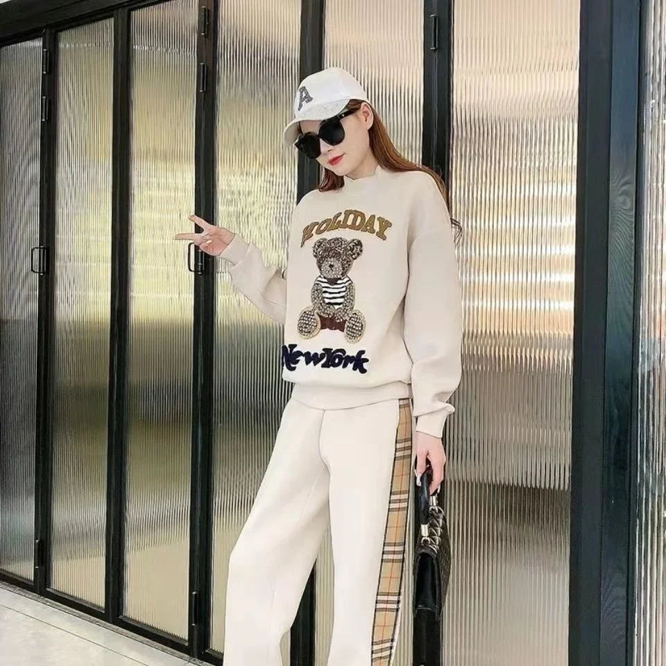Women's Casual Plush Sweater and Pants Two Piece Set for Spring and Autumn