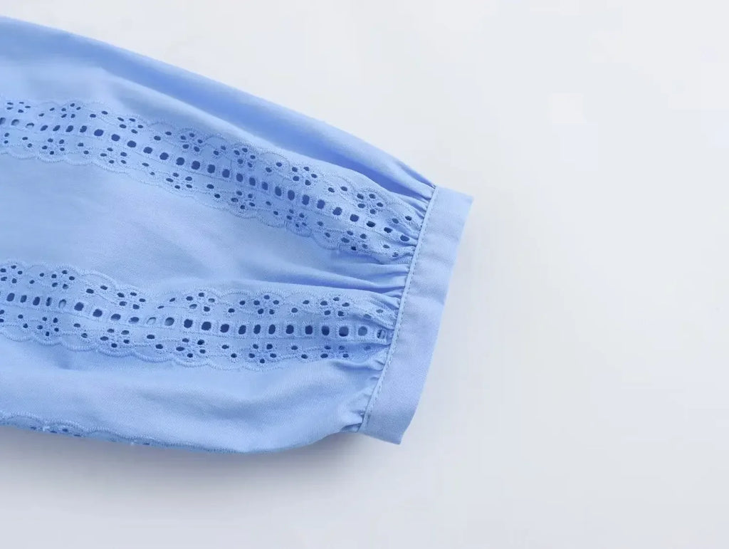 Loose Lace-Up White Shirt for Women Elegant Hollow Out Embroidered Puff Sleeve Cropped Top