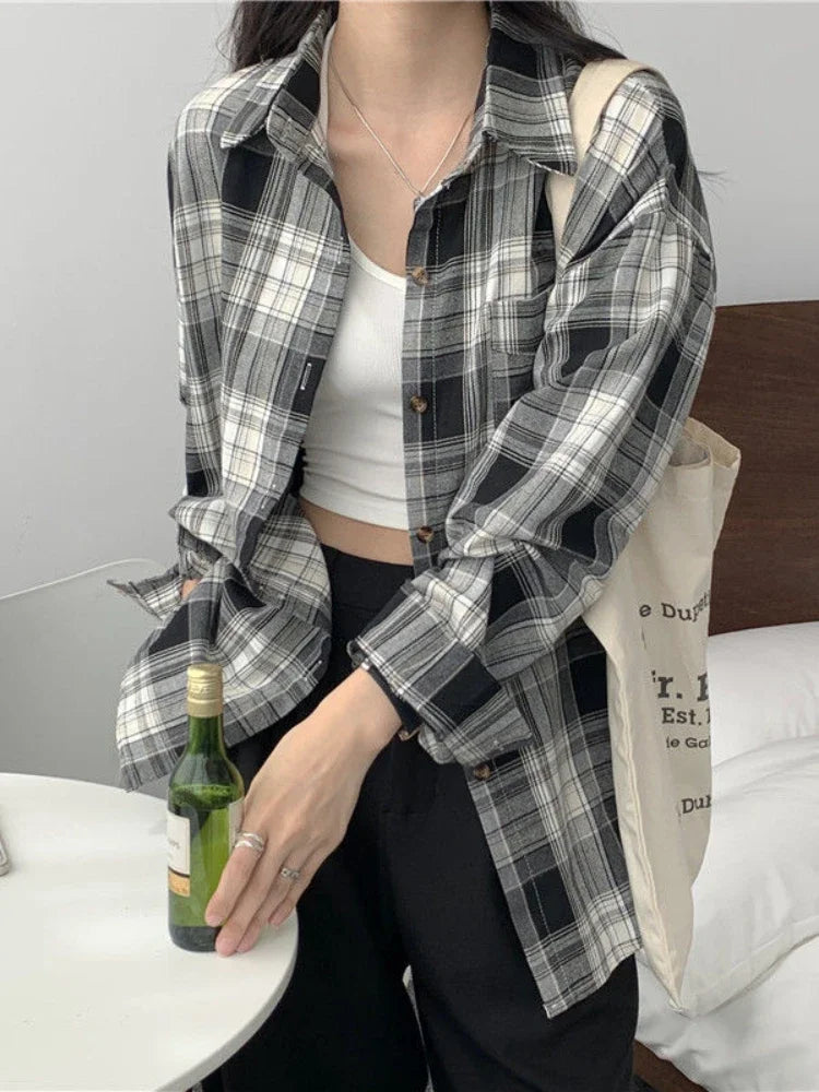 Casual Long Sleeve Plaid Blouse Mid Length Loose Fit Turn Down Collar Shirt for Women Autumn Winter Fashion Top