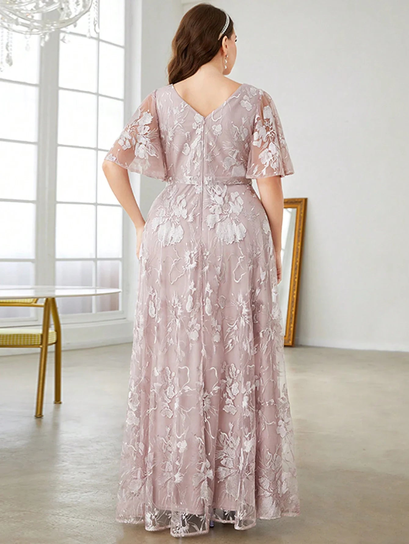 V Neck Lace Embroidered Dress With Large Flared Sleeves