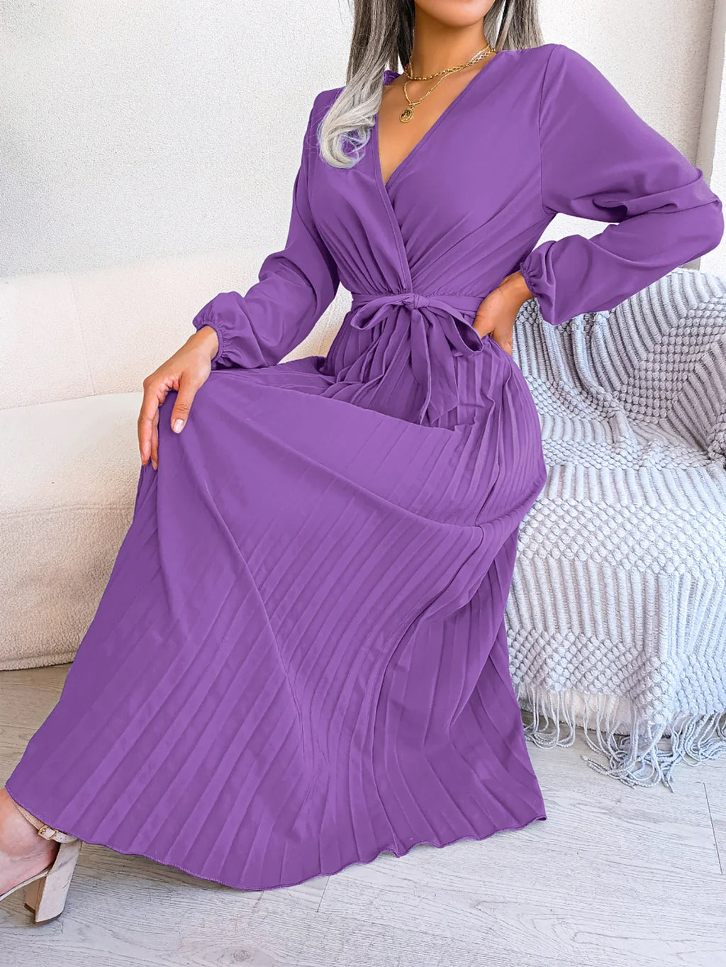 Elegant Surplice Neck Pleated Maxi Dress With Belt Flair