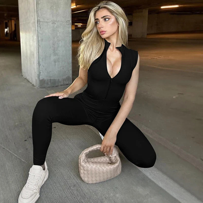 Women's Sleeveless Zipper Neck Sexy Bodycon Jumpsuit One Piece Stylish Summer Streetwear Party Gym Romper Overalls