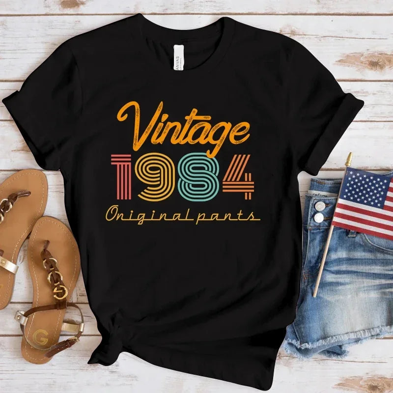 New Vintage 1984 Print T-Shirt for Women Casual Round Neck Summer Tee Loose Fit Short Sleeve