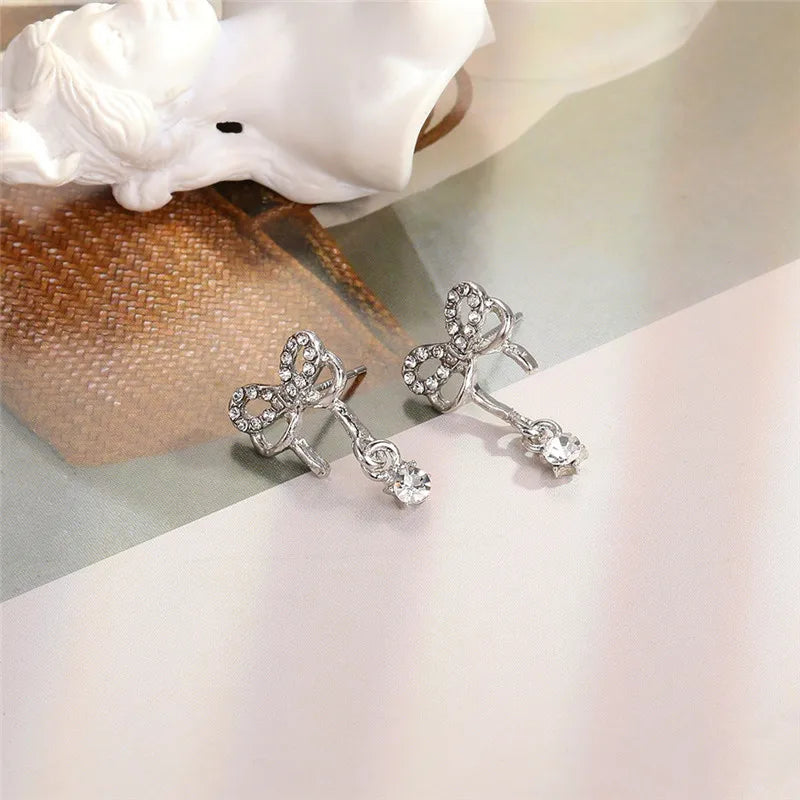 Y2K Bowknot Zircon Stud Earrings for Women with Pink Crystals in Silver Color Fashion Jewelry