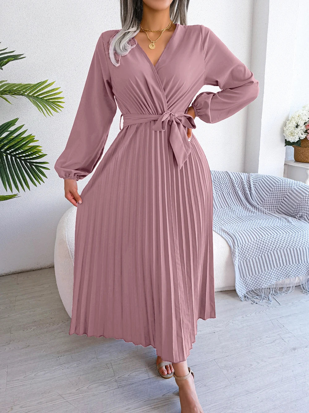 Elegant Surplice Neck Pleated Maxi Dress With Belt Flair