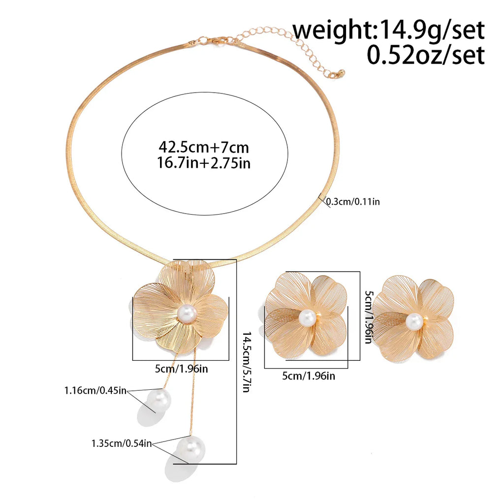 Romantic Flower Petal Imitation Pearl Pendant Choker Necklace and Stud Earrings Jewelry Set for Women