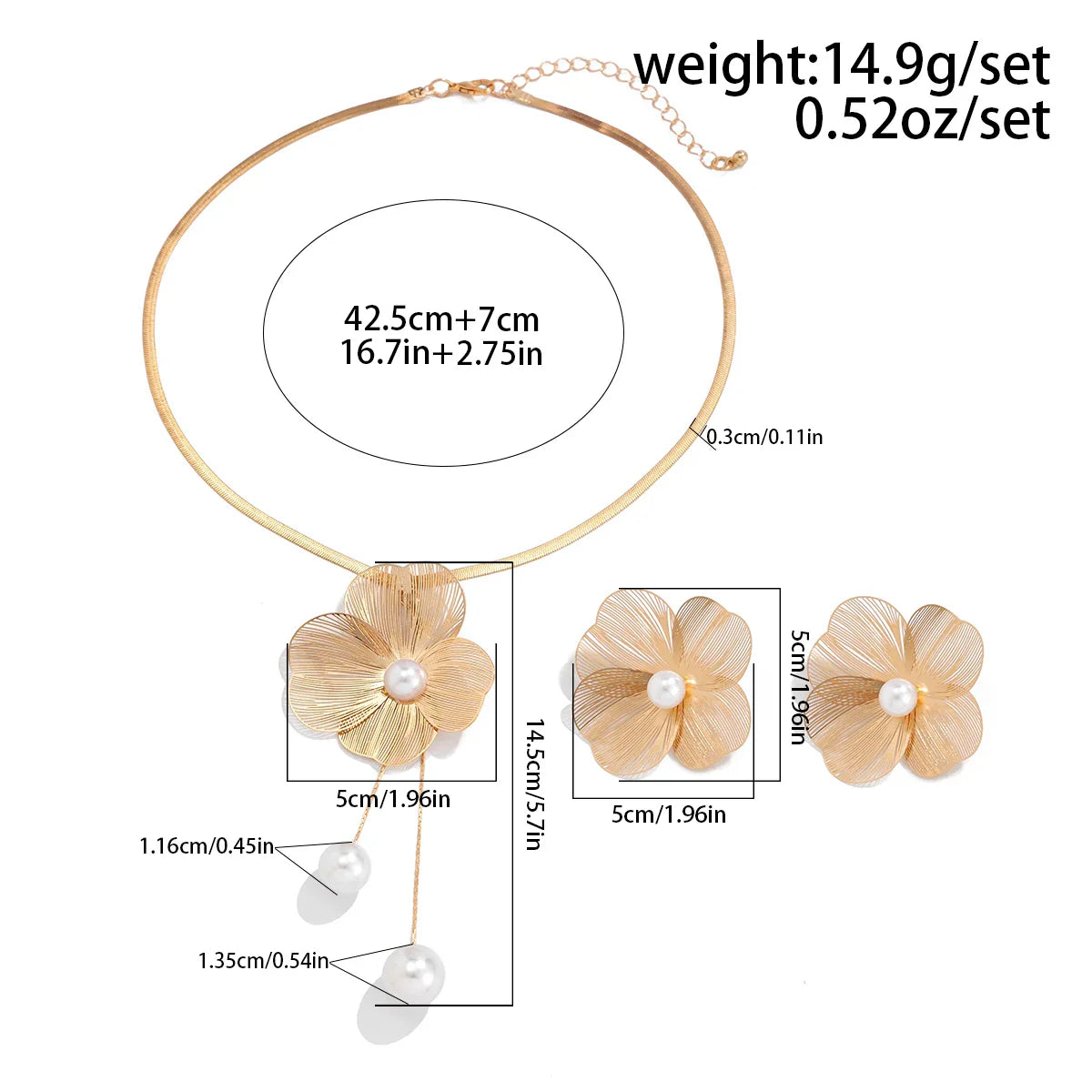 Romantic Flower Petal Imitation Pearl Pendant Choker Necklace and Stud Earrings Jewelry Set for Women