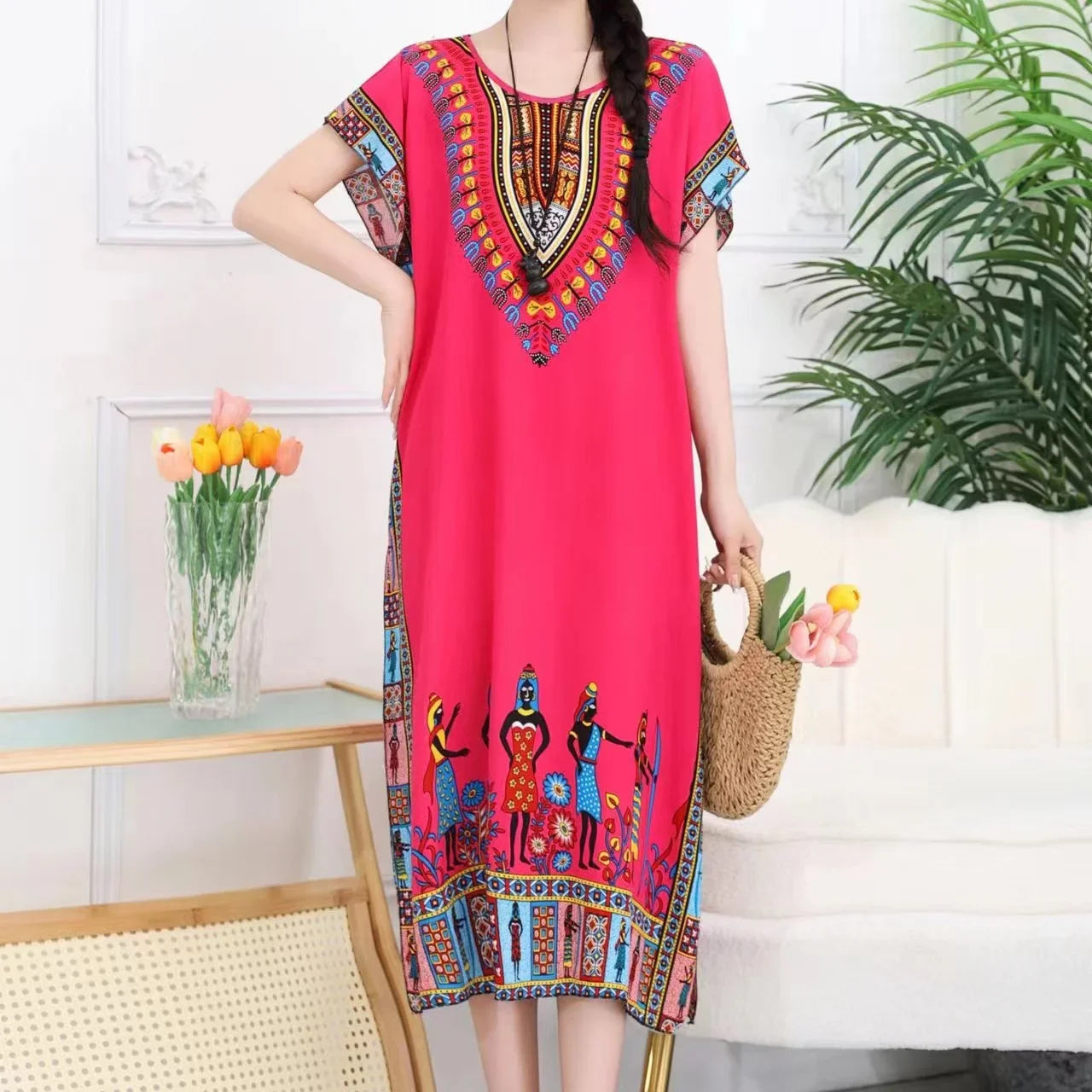 Spring Boho Beach Dress For Women Batwing Sleeve Midi