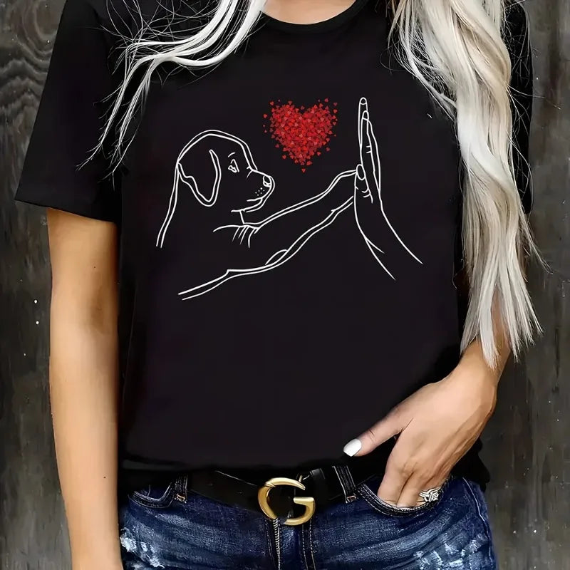 Summer Heart and Dog Graphic Cotton T-Shirt for Women Short Sleeve Casual Y2K Style