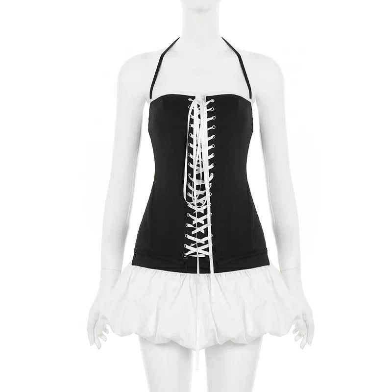 Slim Contrast Color Two-Piece Dress Set for Women Bandage Slash Neck Halter Top with Low-Waisted A-Line Skirt Elegant Sweet Casual Outfit