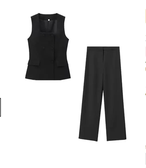 Women Two Piece Wide Leg Pant Set for Office Style with Vest Top and Split Straight Leg Pants