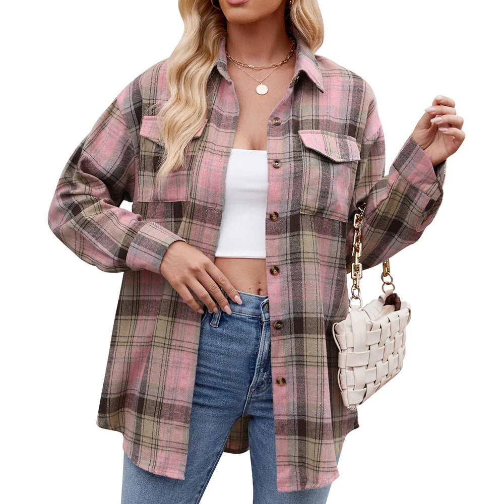 Women Plaid Button Up Shirt Loose Fit Warm Long Sleeve Casual Blouse with Pockets Autumn Winter Checkered Top Preppy Y2K Harajuku Style