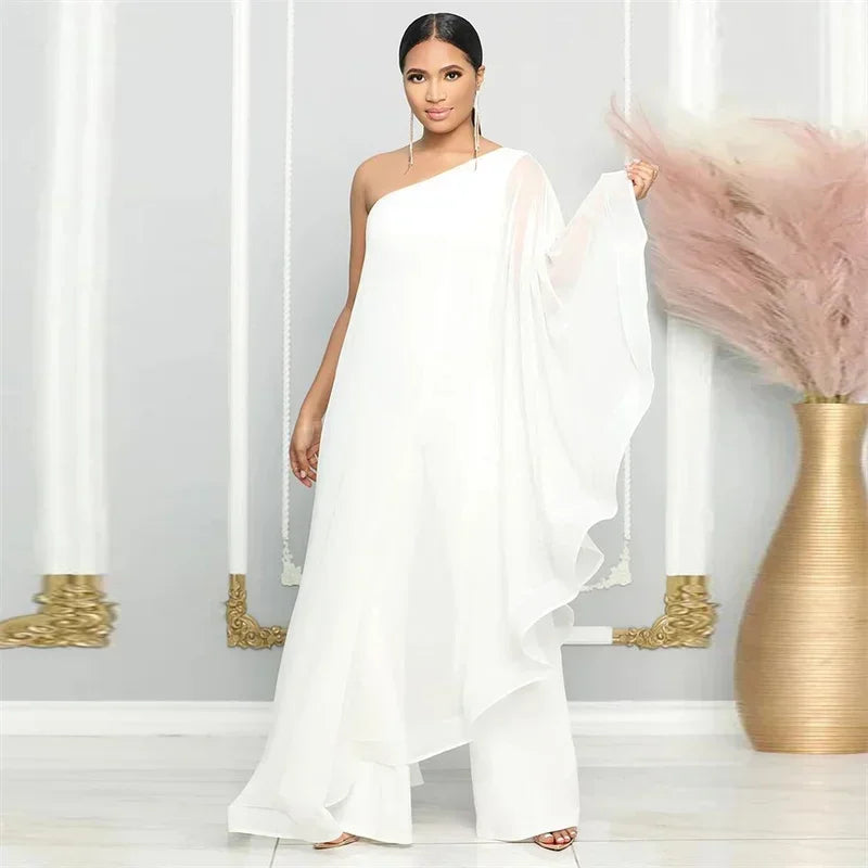 Elegant Chiffon One Shoulder Wide Leg Jumpsuit for Women Evening Party Birthday Romper Overalls Stylish One Piece Combinaison Femme