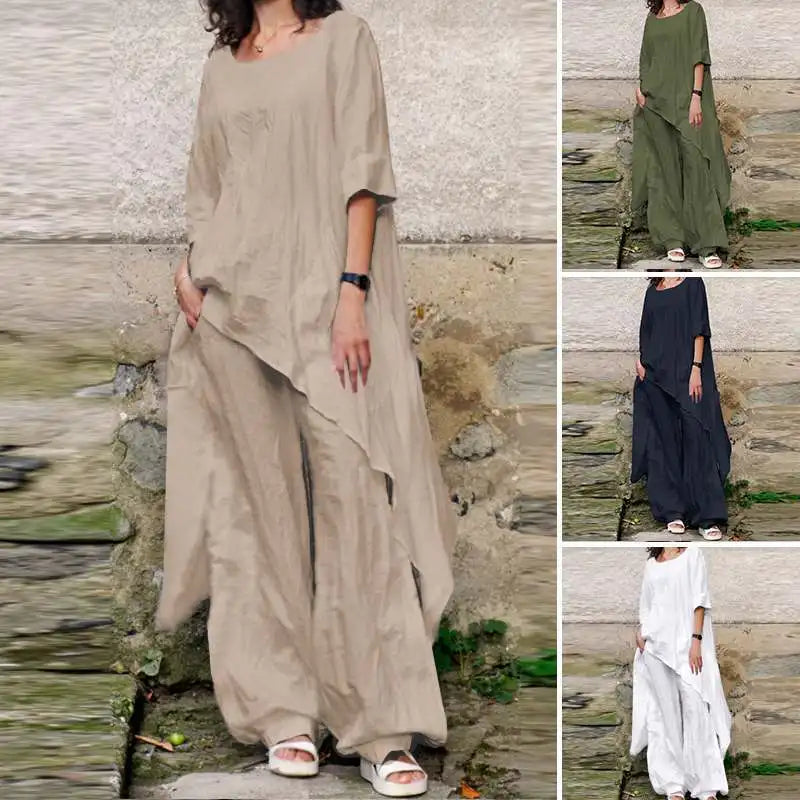 Casual Loose Cotton Linen Top with Irregular Hem and Elegant Loose Leg Pants Two Piece Set