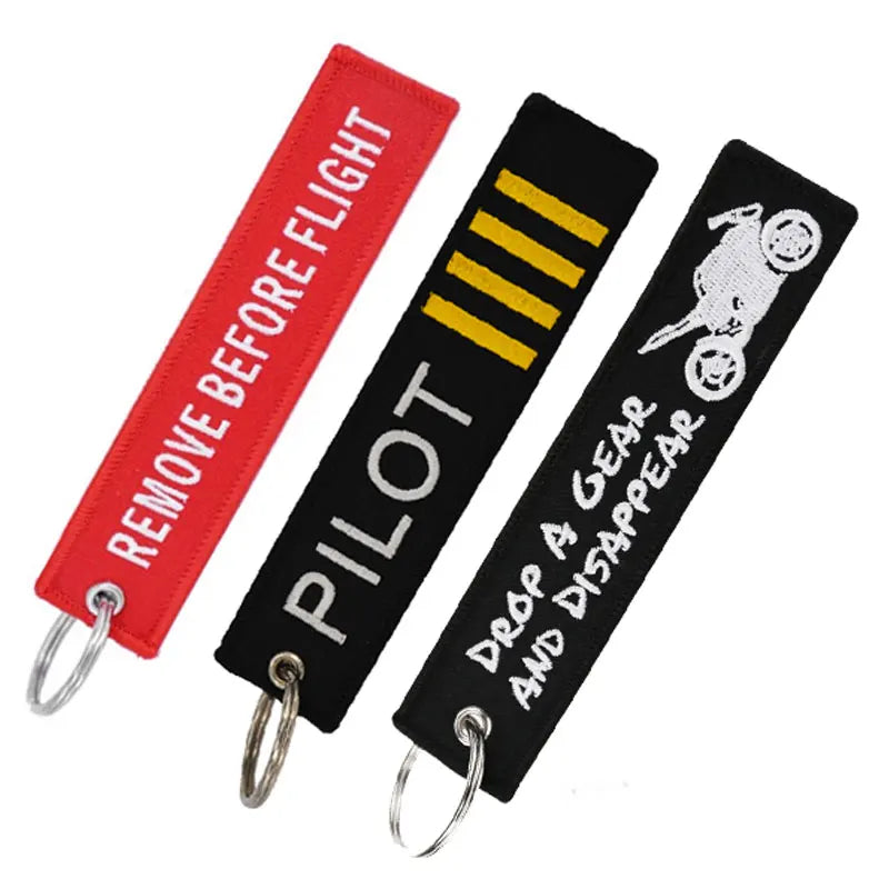 Remove Before Flight Keychain for Aviation Enthusiasts - Embroidered Motorcycle and Car Key Tag - 3 Pack Polyester Fobs